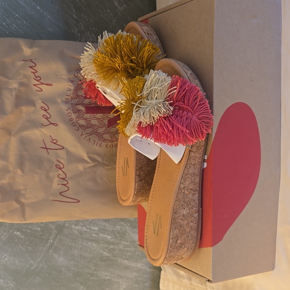 Silvia Cobos Mambo Tri-Color Fringe Wedge Slip-On Leather Sandals & Dust Bag New - Picture 5 of 9